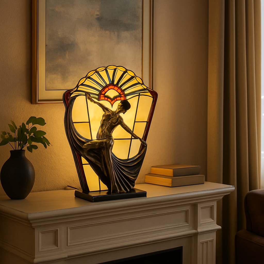 Leadlight Art Deco Lamp - Amber 40cm